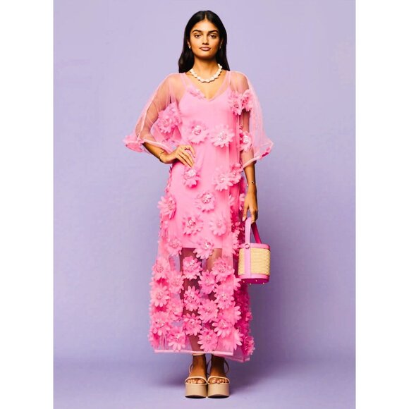 Tela Luxury Mercantile West Palm Beach Floral Mesh Maxi Dress Hot Pink OS - Picture 2 of 12